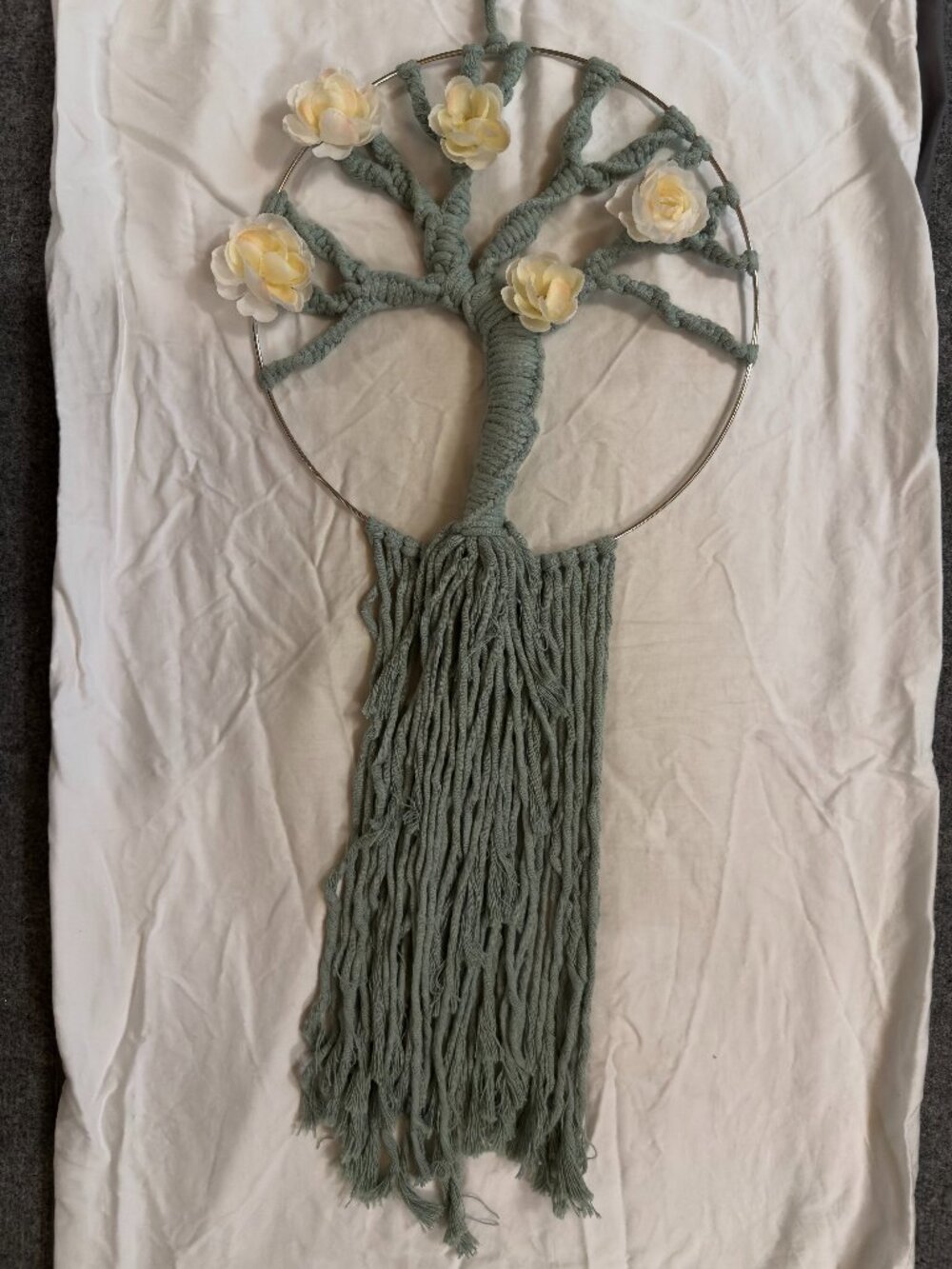 12" Silver Round Ring Boho Macrame Sage Green Tree of Life with Yellow Flowers